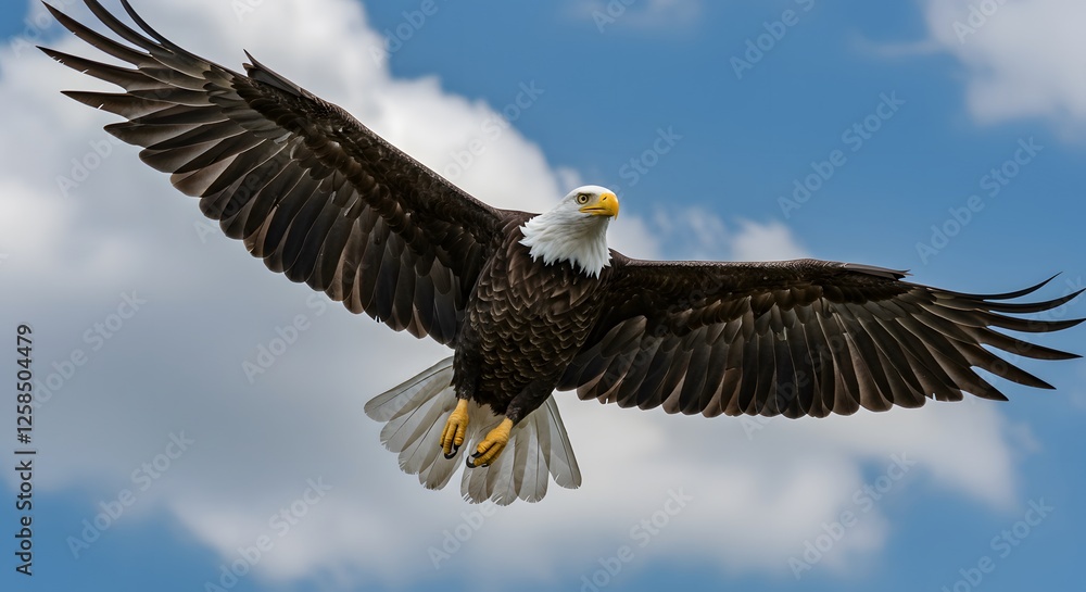 Obraz premium Bald Eagle Soaring Gracefully Through a Partly Cloudy Blue Sky Day