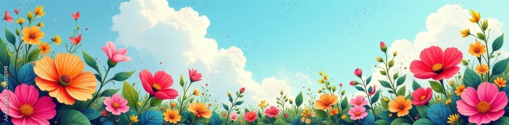 vibrant abstract art featuring colorful blooms and foliage in a stylized floral arrangement against a bright summer sky background, fresh greenery, spring garden scene vibrant abstract art featuring colorful blooms and foliage in a stylized floral arrangement against a bright summer sky background, fresh greenery, spring garden scene