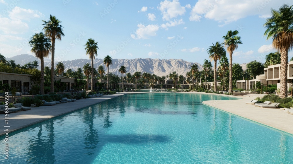 Serene Resort Pool Surrounded by Palm Trees and Scenic Mountains Serene Resort Pool Surrounded by Palm Trees and Scenic Mountains