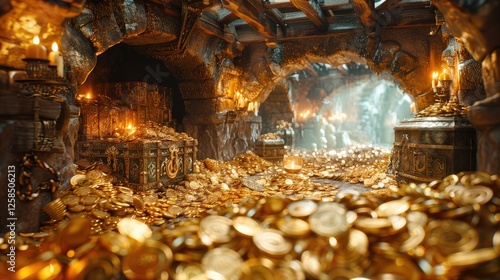 A Cave Filled With Gold Treasure Chests And Candles