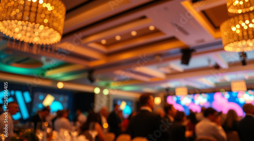 A high-resolution photograph of a corporate event reception, focusing on the detailed textures and warm golden lighting. The background subtly displays blurred attendees. The overall image should conv