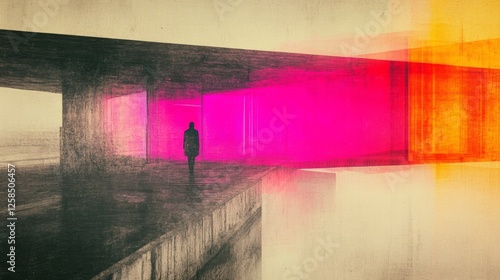 A lone figure walks towards a vibrant pink and orange light source in a minimalist, textured environment.