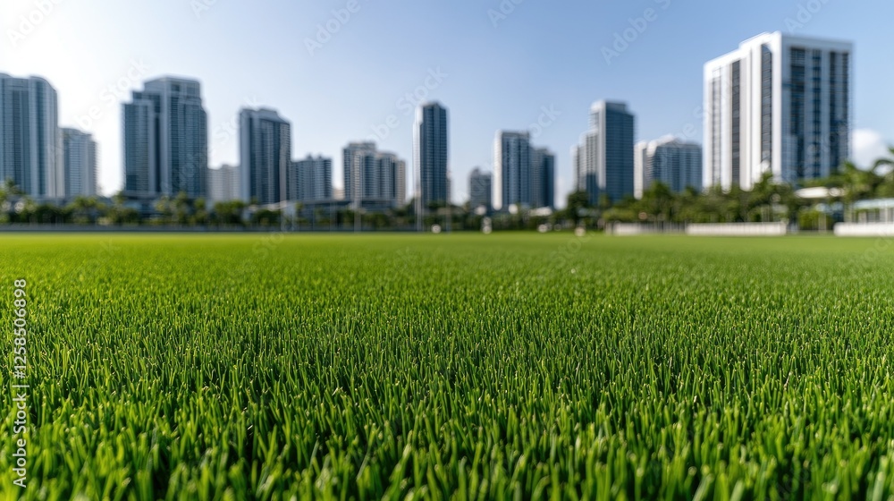 Obraz premium A vibrant green field offers a stunning view of the city skyline under the bright sun, showcasing the beauty of modern urban life