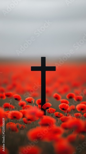 Poignant Field of Poppies with Silhouette Cross Honoring Remembrance Day and Memorials Forever photo