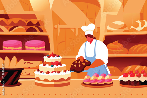 A bustling bakery interior; a baker skillfully decorates cakes and kneads dough, showcasing the craft of baking.