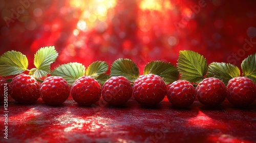 Fresh raspberries, sunlight, red background photo