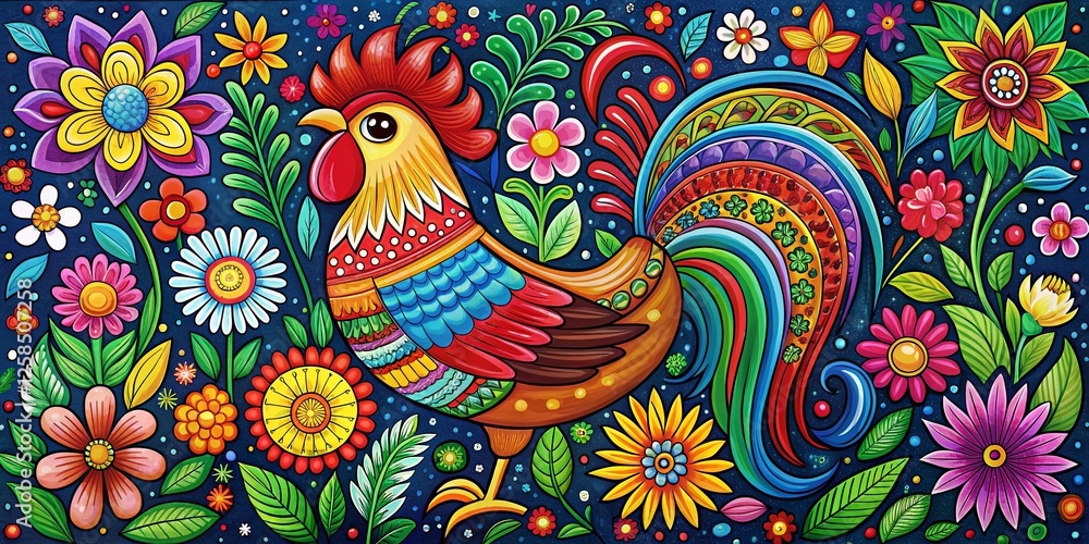 Naklejka premium Vibrant Mexican Folk Art Animal Painting - Colorful Rooster & Floral Design
