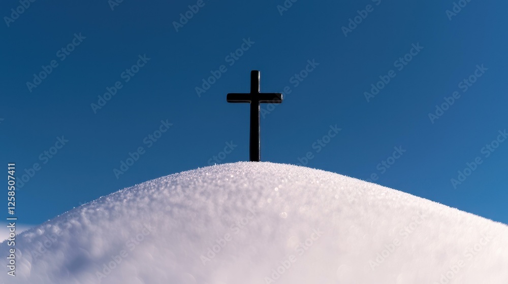 Cross Symbol in Winter Snow Landscape against Clear Blue Sky Christian Faith and Religious Icon Cross Symbol in Winter Snow Landscape against Clear Blue Sky Christian Faith and Religious Icon