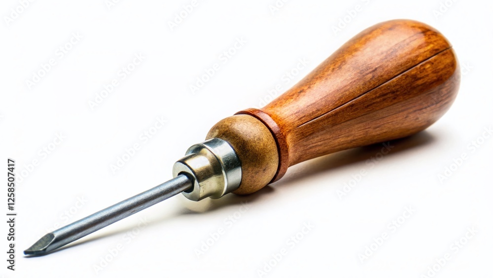 Antique Wooden Handled Awl, Close-up, Isolated on White Background - Crafts Tool Antique Wooden Handled Awl, Close-up, Isolated on White Background - Crafts Tool