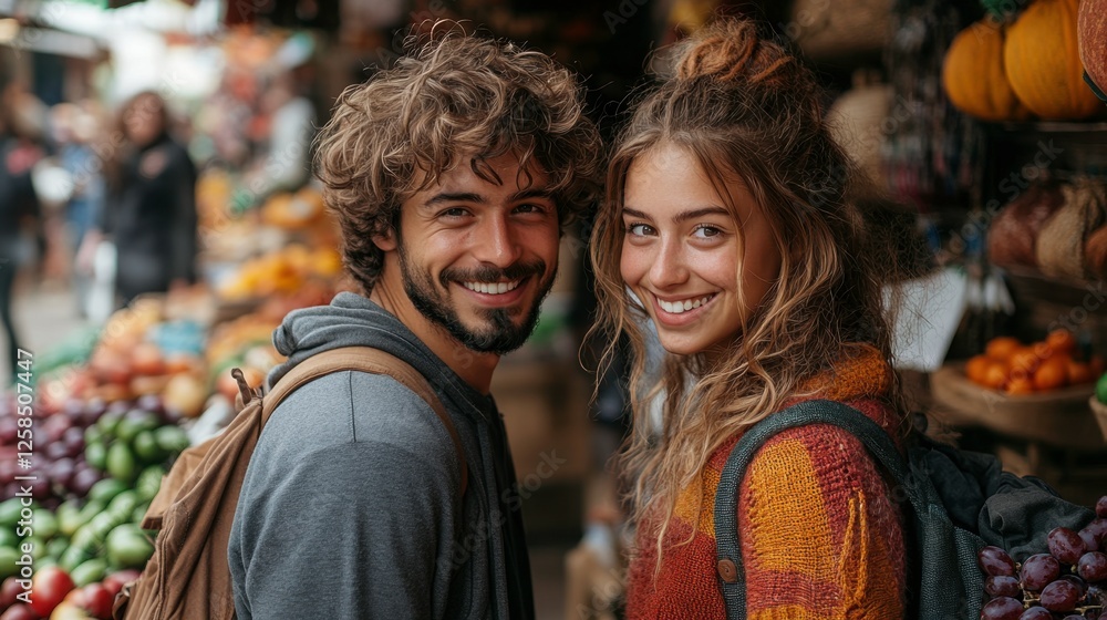 Young Couple Smiling in a Vibrant Outdoor Market Setting Young Couple Smiling in a Vibrant Outdoor Market Setting