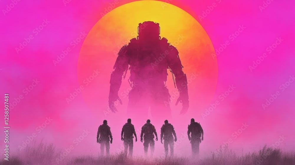 Silhouetted figures confront a colossal mech under a vibrant sunset. A dramatic scene of mystery and tension. Silhouetted figures confront a colossal mech under a vibrant sunset. A dramatic scene of mystery and tension.