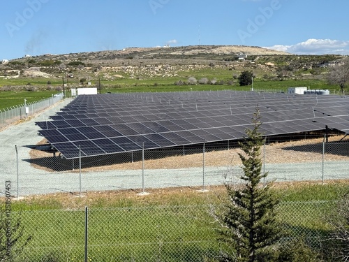 Alternative types of electricity generation, solar panels, wind power generation. Electricity production system from natural sources, renewable energy.