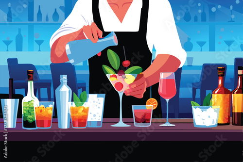 A skilled bartender expertly mixes a craft cocktail, showcasing precise movements and elegant glassware in a dimly lit, upscale cocktail bar.