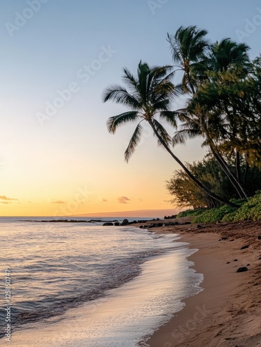 Sunset over calm ocean with palm trees lining the sandy beach in a tropical paradise. Generative AI