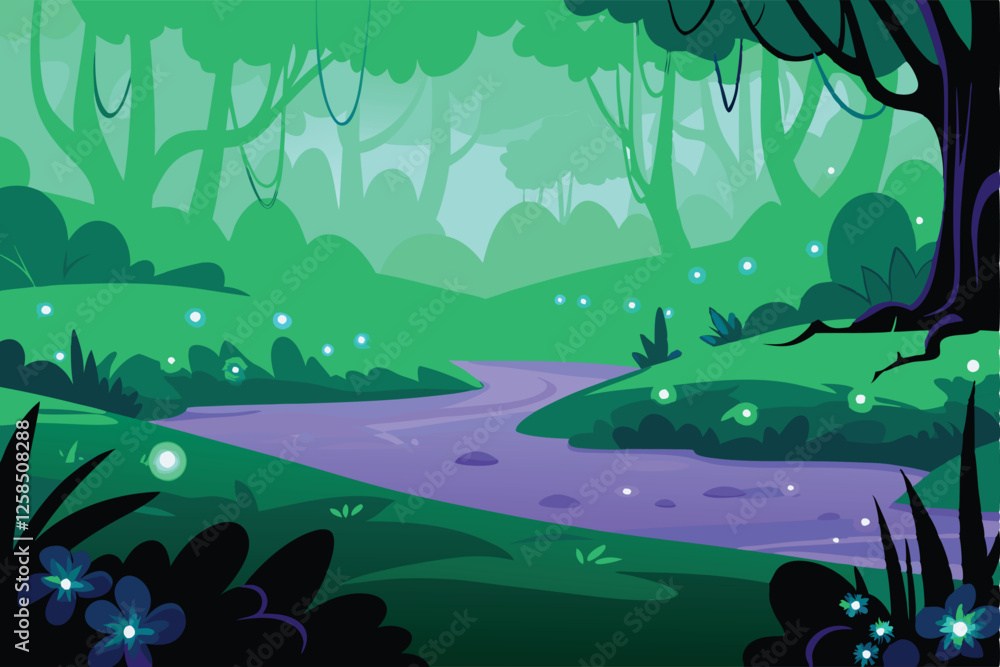 Ethereal valley bathed in twilight, bioluminescent purple river winding through lush flora. Hyperrealistic, fantasy landscape. Ethereal valley bathed in twilight, bioluminescent purple river winding through lush flora. Hyperrealistic, fantasy landscape.