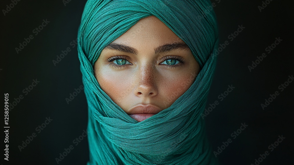 Naklejka premium A captivating portrait of a woman draped in a flowing green scarf, her piercing blue eyes gazing intensely. The rich fabric wraps around her face, highlighting her flawless skin and delicate features