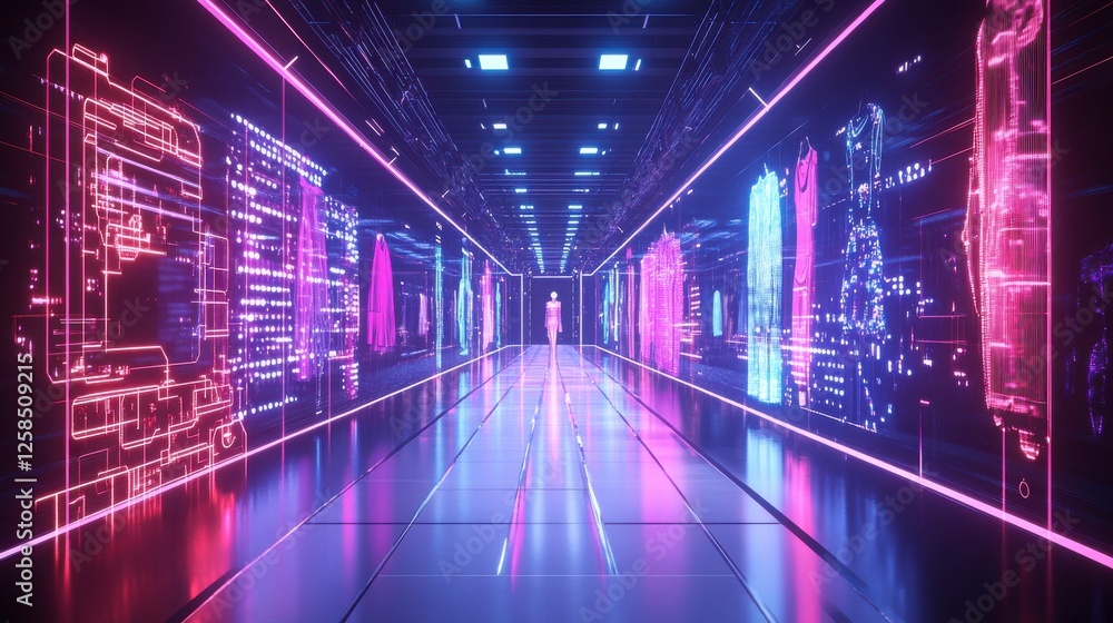 A futuristic corridor illuminated by neon lights, featuring digital cityscape visuals that create a high-tech atmosphere.
