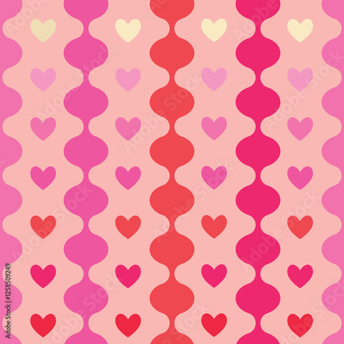 Seamless romantic pattern in a 60s and 70s style featuring hearts. Minimalist geometric vector design in shades of red and pink