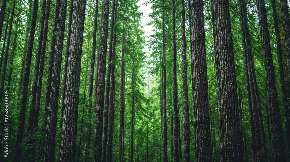 Lush Green Forest with Tall Trees and Natural Sunlight Filtering In Lush Green Forest with Tall Trees and Natural Sunlight Filtering In