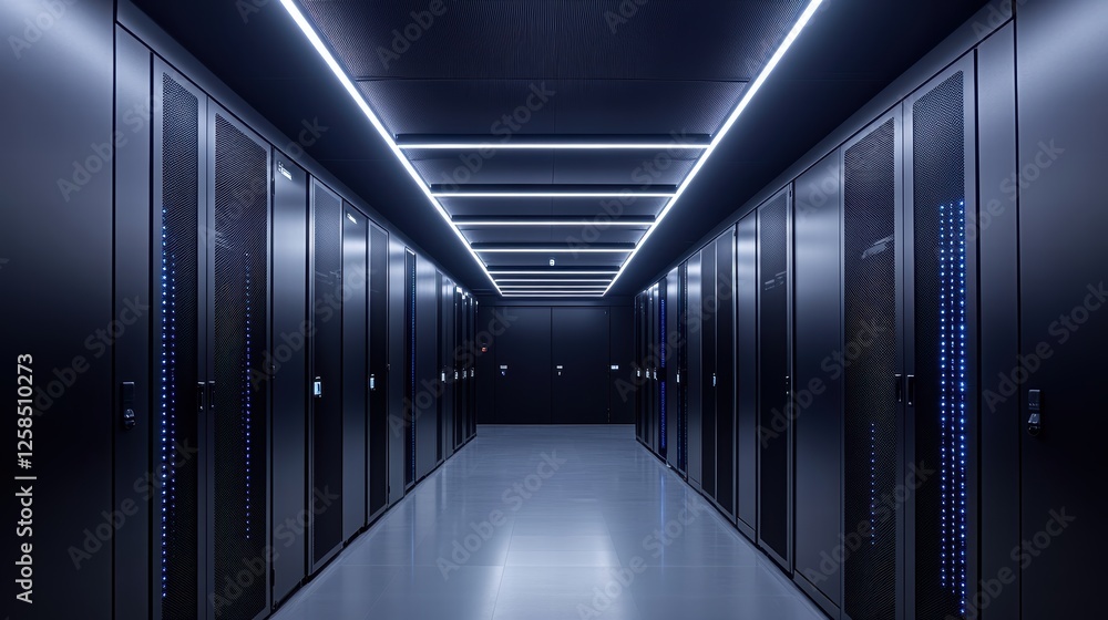 Fototapeta premium server rack in a data center,Internet, server, computer room, technology, data,Abstract futuristic blue glowing data center, dark background. Large server room with modern minimalist design.
