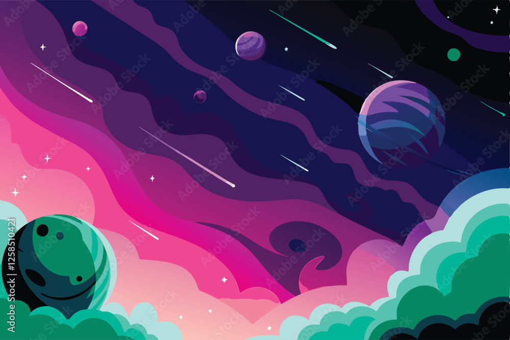 Generate a vibrant, abstract vector illustration of swirling nebula clouds in space, emphasizing deep colors and dynamic forms.