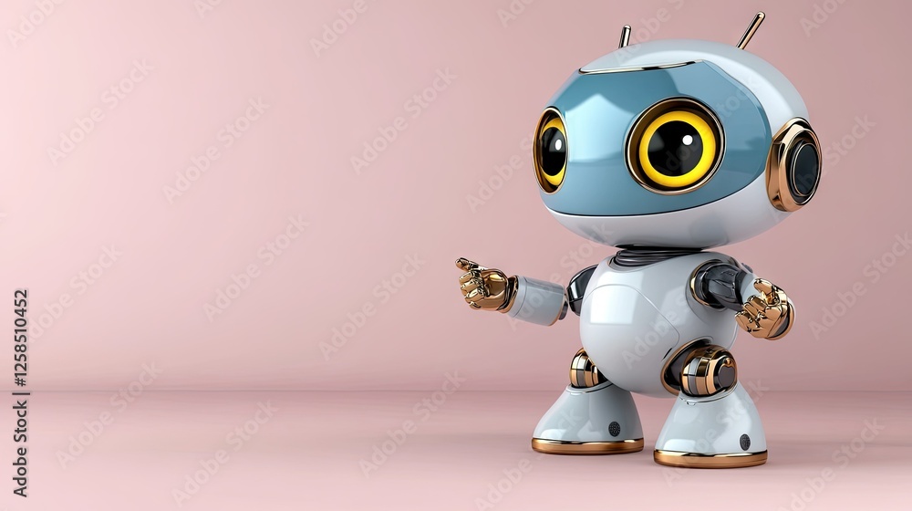Fototapeta premium Robot character with large expressive eyes and a shiny metallic body striking a playful pose against a pink background
