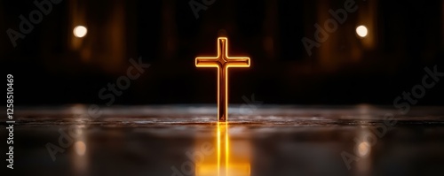 Illuminated Cross Symbol of Faith and Spirituality Radiating Sacred Light in Dark Interior Setting