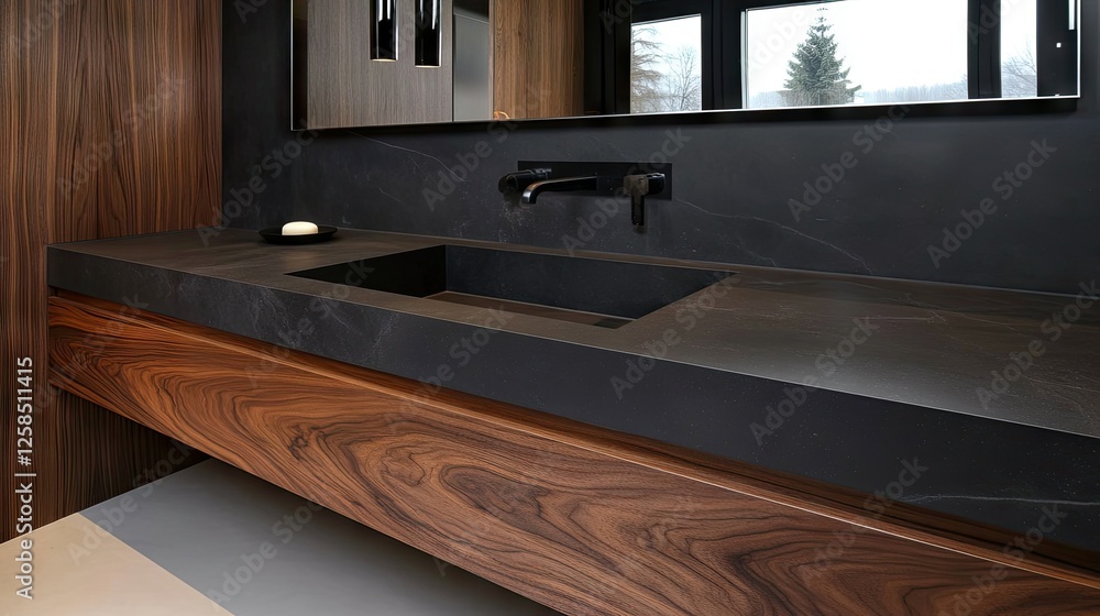Fototapeta premium Modern minimalist bathroom design featuring a dark stone countertop with wooden accents in a serene, spacious setting