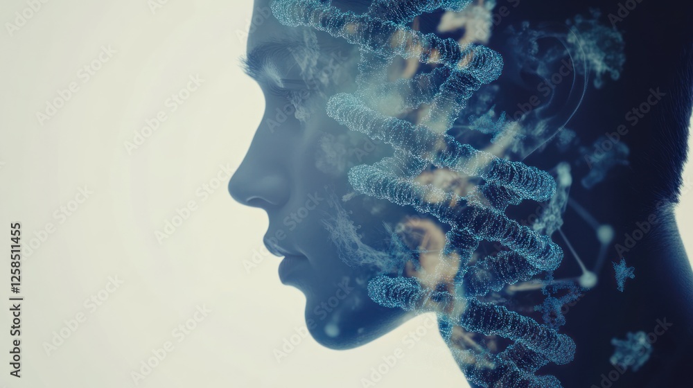 Obraz premium Profile of a person with a digital overlay, symbolizing the connection between humanity and advanced technology in modern science.
