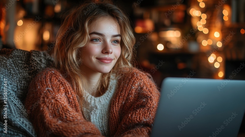 Young Woman Relaxing in a Cozy Home Setting with Warm Lighting Young Woman Relaxing in a Cozy Home Setting with Warm Lighting