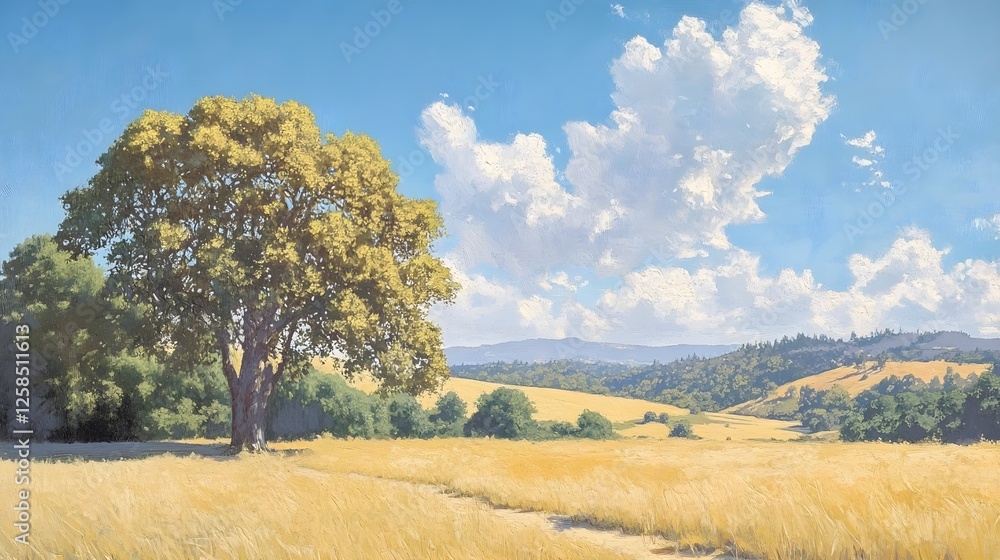Rolling Hills Landscape with Golden Wheat Field, Majestic Tree, and Fluffy Clouds Under a Blue Sky Rolling Hills Landscape with Golden Wheat Field, Majestic Tree, and Fluffy Clouds Under a Blue Sky