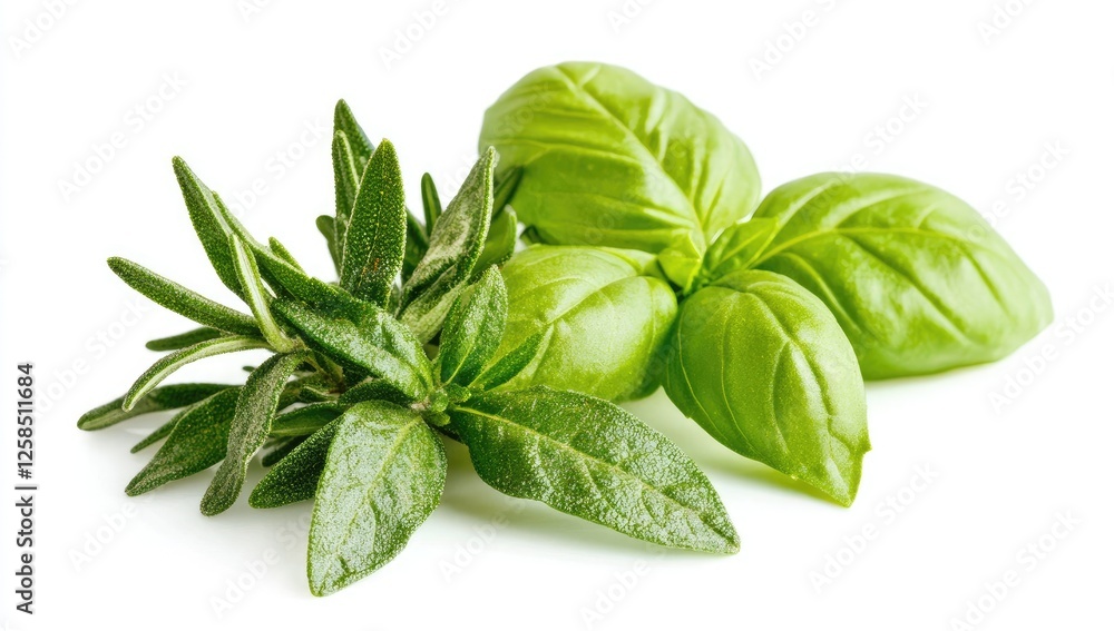 Fototapeta premium A photograph of rosemary, basil, and thyme leaves on a white background.