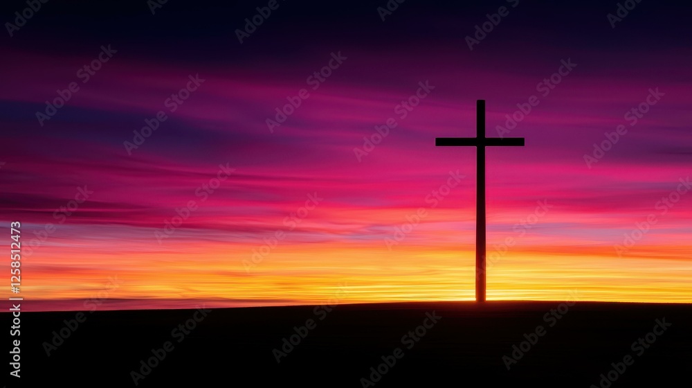 Silhouette Cross on Dramatic Sunset Horizon Scenery Silhouette Cross on Dramatic Sunset Horizon Scenery