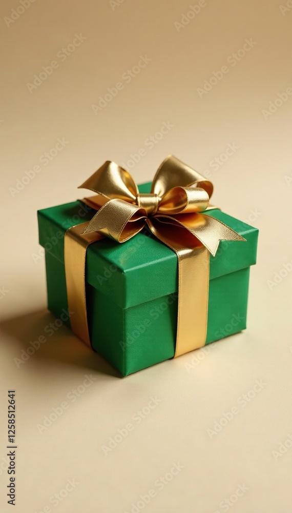 A small, intricately designed green gift box resting on a light-colored surface with a large golden bow, packaging, bow, luxury A small, intricately designed green gift box resting on a light-colored surface with a large golden bow, packaging, bow, luxury