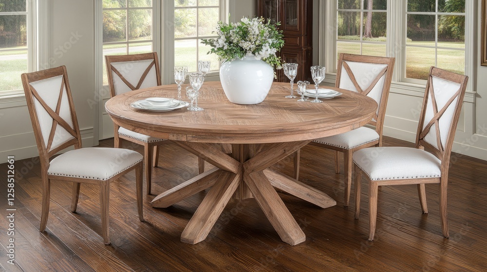 Fototapeta premium An elegant round dining table, beautifully set, graces a well-lit room featuring expansive windows that offer stunning views of lush greenery