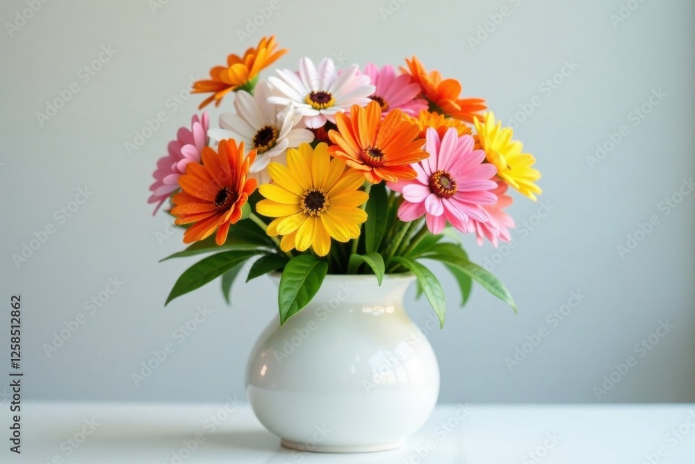 Vibrant mix of colorful flowers in a vase on a white base, floral, petals, vase Vibrant mix of colorful flowers in a vase on a white base, floral, petals, vase