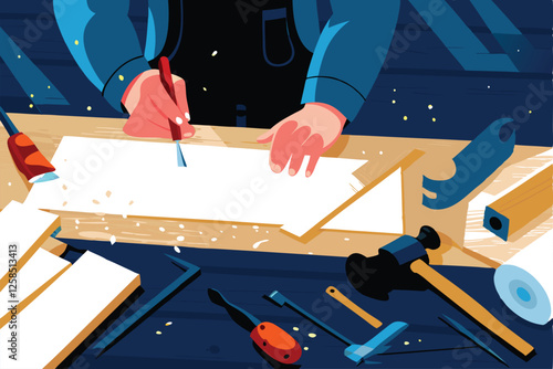 A skilled carpenter meticulously crafting in his cluttered yet organized workshop, surrounded by various woodworking tools and a half-finished wooden chair.