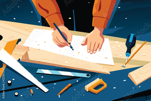 A skilled carpenter meticulously works on a wooden project in his cluttered but organized workshop, surrounded by various tools and wood pieces.