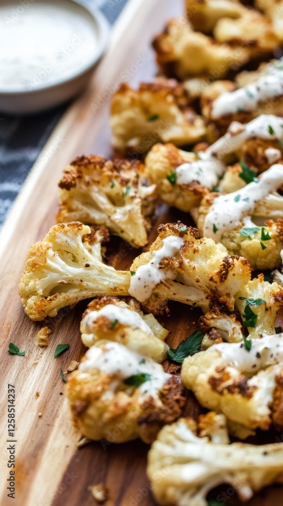National Cabbage Day. Roasted cauliflower florets with creamy sauce garnished with fresh herbs on wooden board National Cabbage Day. Roasted cauliflower florets with creamy sauce garnished with fresh herbs on wooden board