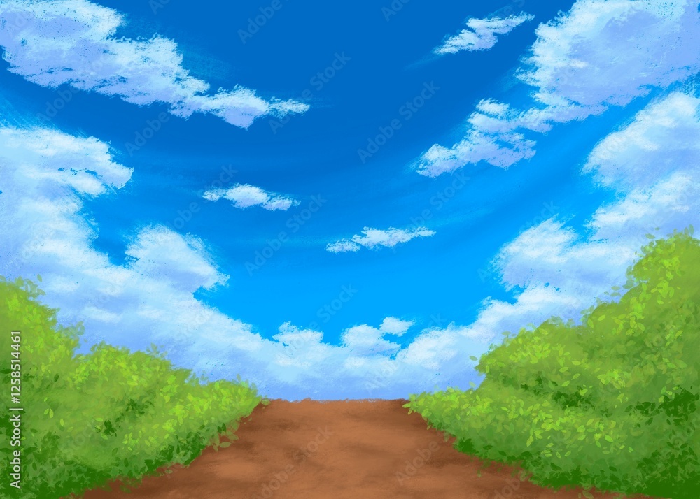 illustration of a path with grass on the side, clouds and clear sky