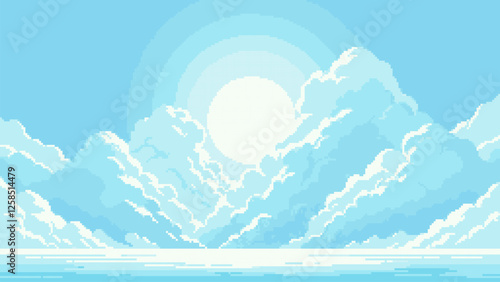 pixel art blue sky background with clouds, game level 8 bit landscape, arcade video game, vector illustration