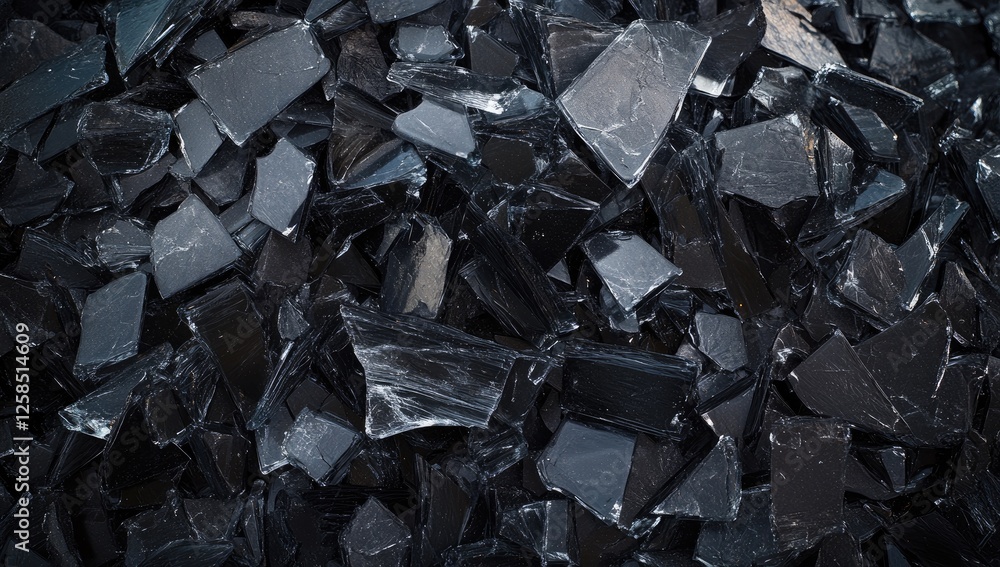 A pile of black glass fragments, broken and scattered on the ground, captured in high resolution with a macro lens, A pile of black glass fragments, broken and scattered on the ground, captured in high resolution with a macro lens,