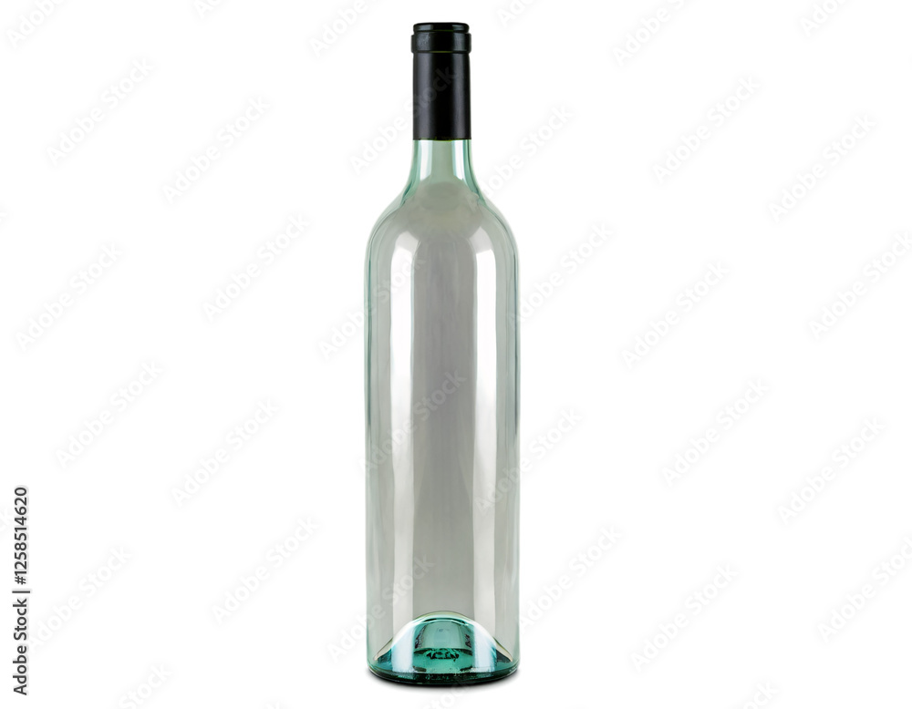 Clear empty glass wine bottle with black cap on transparent background Clear empty glass wine bottle with black cap on transparent background