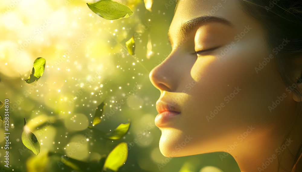 Fototapeta premium Serene woman enjoying sunlight in nature with fresh green leaves