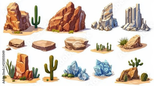 Set of desert stones, mountain rock lumps and pieces. Natural geological materials, textures for pc game formation isolated ui or gui elements, Cartoon vector illustration, icons collection photo