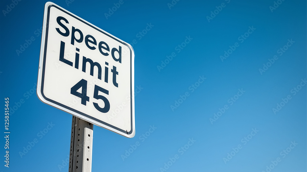 speed limit road sign 45 MPH against blue sky background speed limit road sign 45 MPH against blue sky background