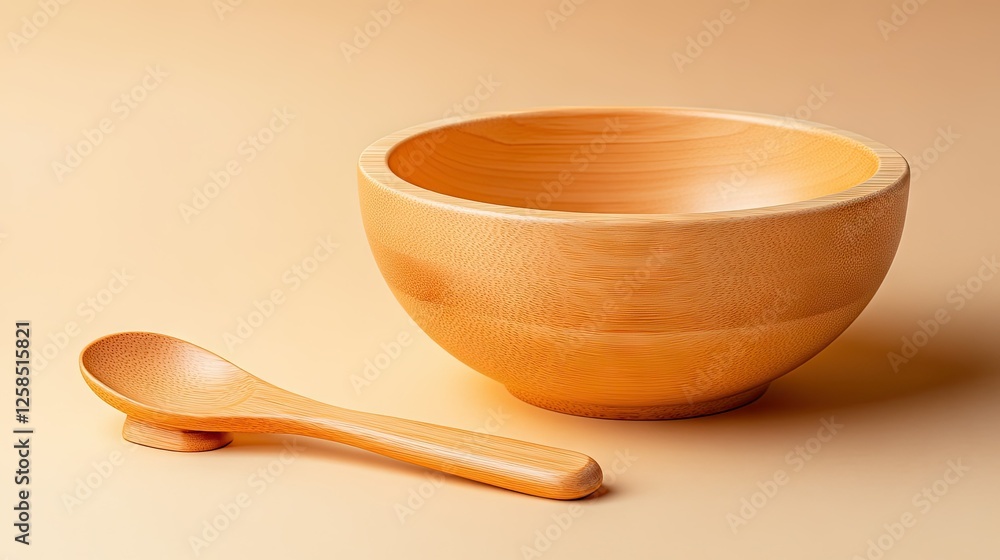 Wooden bowl and spoon set displayed on a soft beige background highlighting the craftsmanship and natural finish Wooden bowl and spoon set displayed on a soft beige background highlighting the craftsmanship and natural finish
