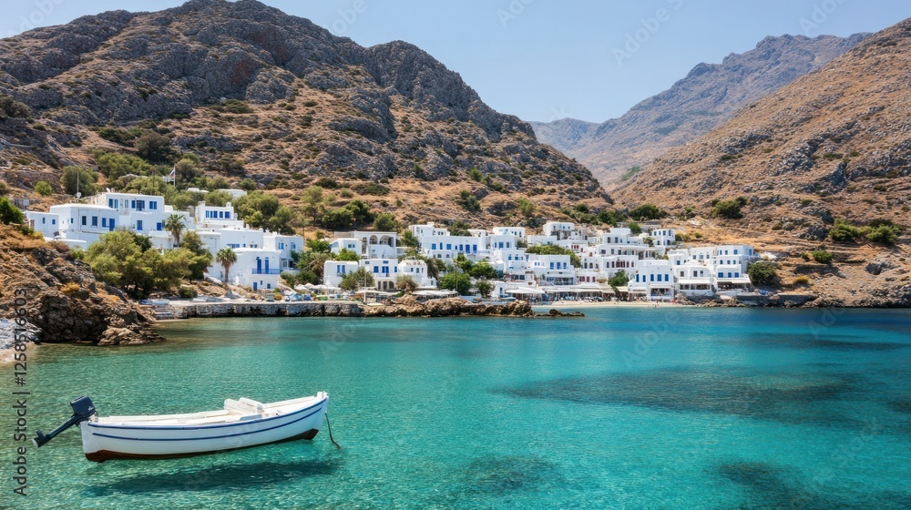 Fototapeta premium Greek Island Village Coastal Scene Boat Turquoise Waters Mountains