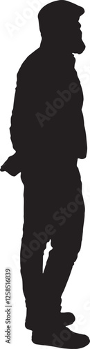 vector; silhouette; bald, bearded man in cap relaxed with hands behind his back,