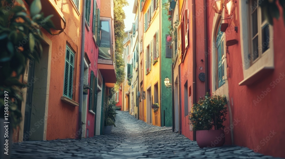 Fototapeta premium Vibrant Cobblestone Lane: A Sun-Drenched European Alleyway